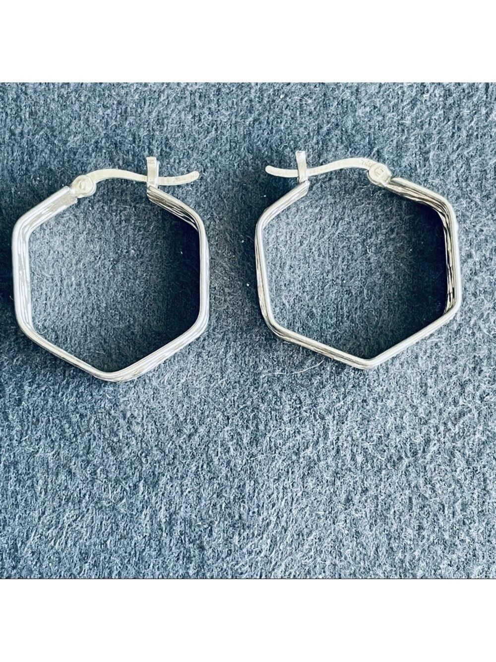 Hexagonal Textured Sterling Silver Hoop Earrings - Picture 4 of 9